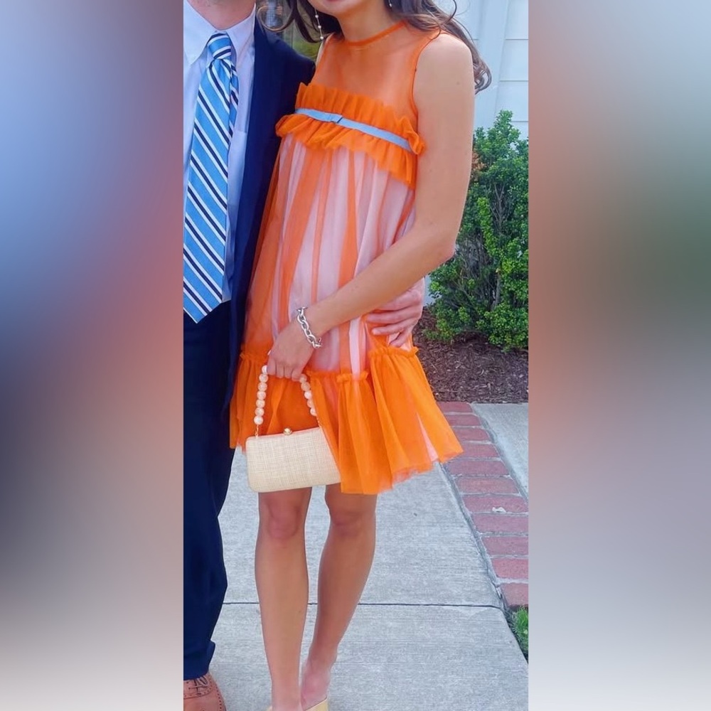 Orange Sheer Dress with Ruffle Hem